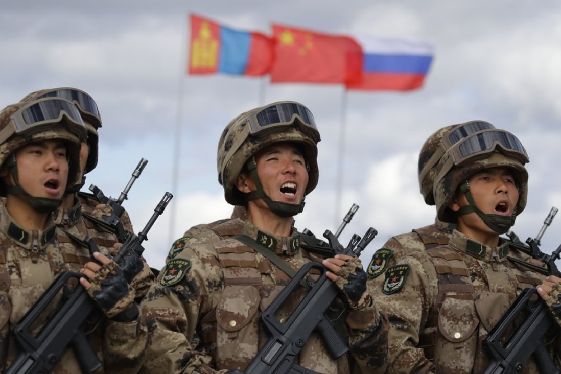 Chinese troops march at the training ground ‘Tsugol’, about 250 kilometres (156 miles) south-east of the city of Chita during the Vostok military exercises on Thursday. Photo: AP