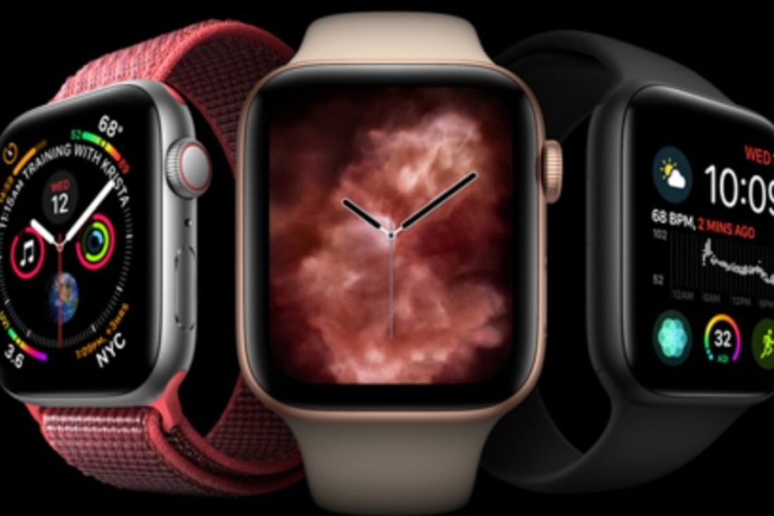 Some of the new Apple Watch Series 4 offerings, including the ‘vapour’ watch face (centre), which went on sale last Friday. Apple