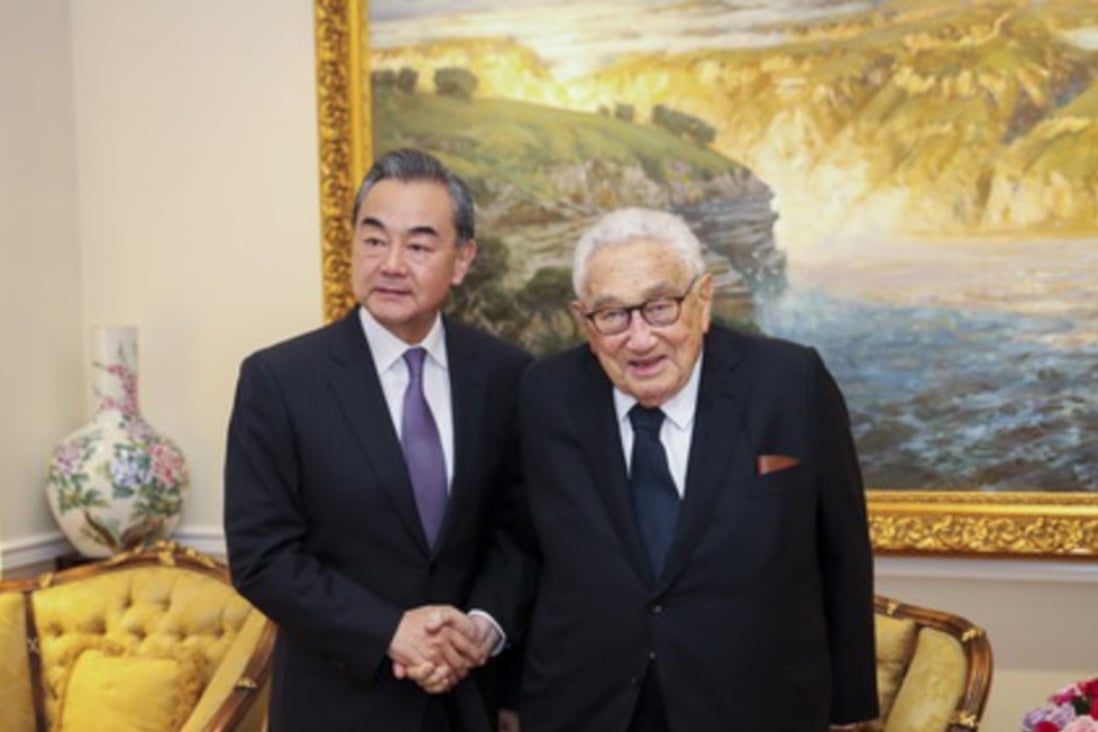 From left: Foreign Minister Wang Yi and former US Secretary of State Henry Kissinger meet on the sidelines of the United Nations General Assembly in New York. Photo: mfa.gov.cn