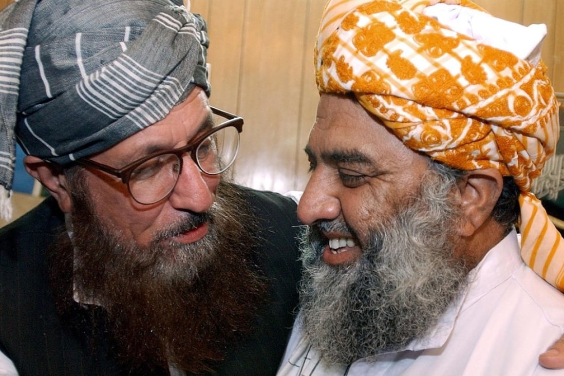 Maulana Samiul Haq (left) talks to Mutahidda Mujlis-e-Amal (MMA) Maulana Fazlur Rehman in Islamabad in 2002. Haq has called for China to help negotiations between Afghanistan and the Taliban. Photo: handout