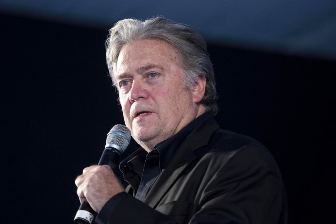 Former White House strategist Steve Bannon addresses the Youth Festival of the right-wing Brothers of Italy party in Rome in September. Photo: EPA-EFE