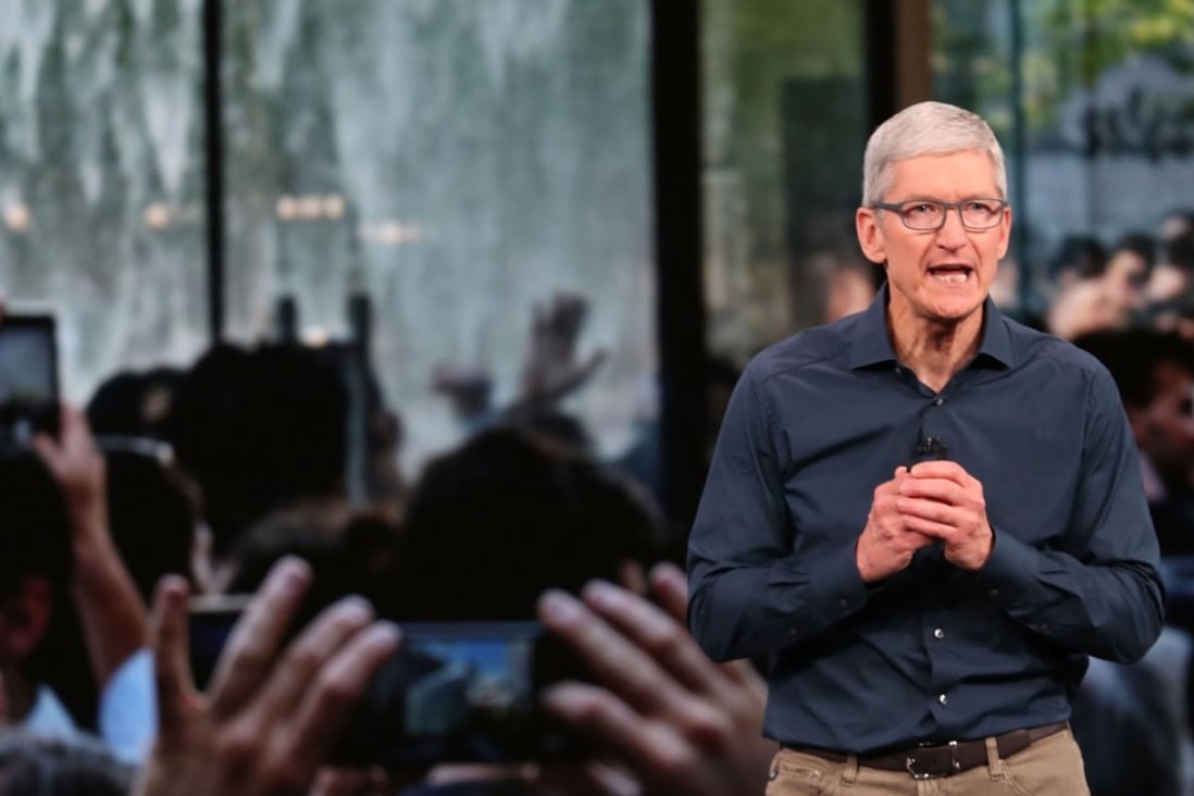 Apple CEO Tim Cook, who is in China this week, seen speaking during an event at the Steve Jobs theatre at Apple Park on September 12, 2018 in Cupertino, California. Photo: AFP