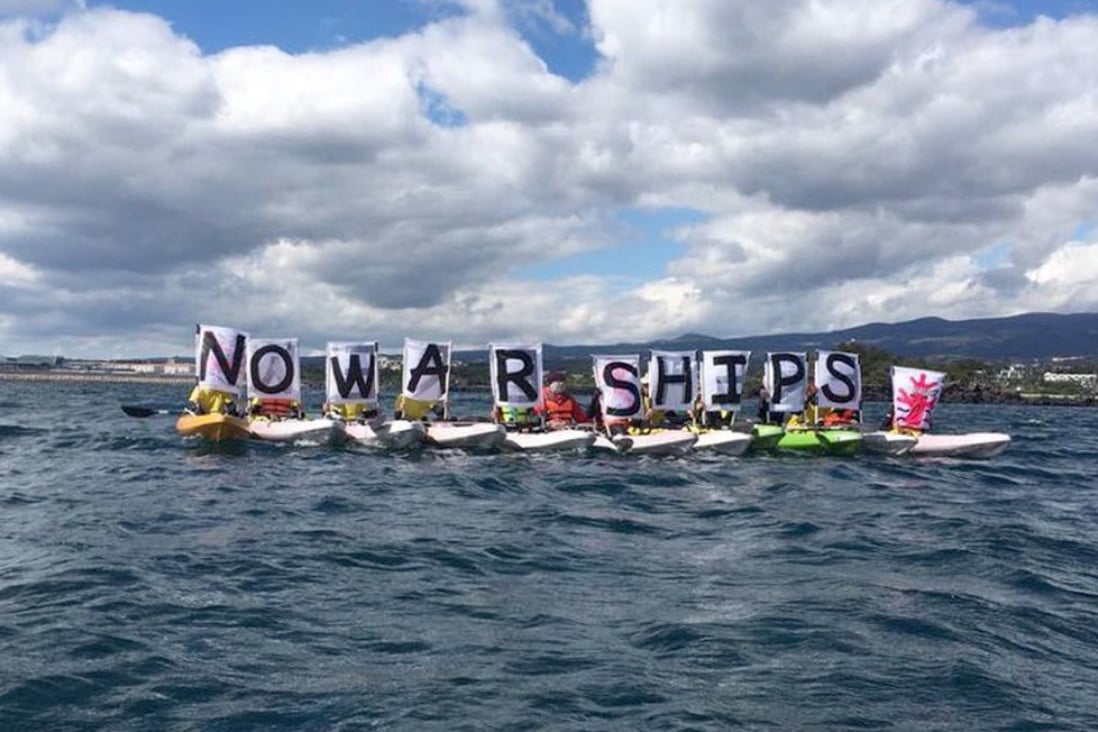 Villagers in kayaks protesting against the visit of the USS Ronald Reagan to Jeju, South Korea, on October 11, 2018. Photo: Association of Gangjeong Villagers Against the Jeju Navy Base