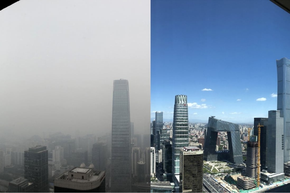 Beijing is blanketed in smog on Monday, in contrast with a clear day at the same spot on September 6. Photo: Simon Song