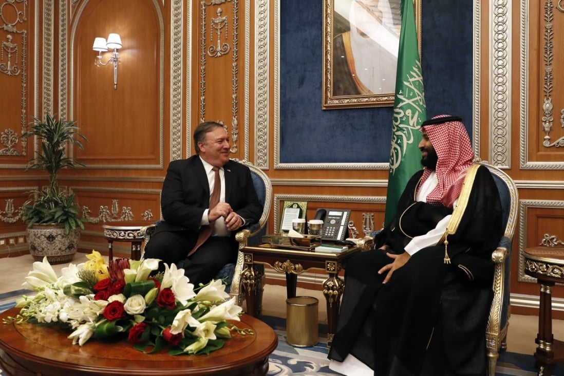 US Secretary of State Mike Pompeo meets with the Saudi Crown Prince Mohammed bin Salman in Riyadh, Saudi Arabia, on Tuesday. Photo: AP