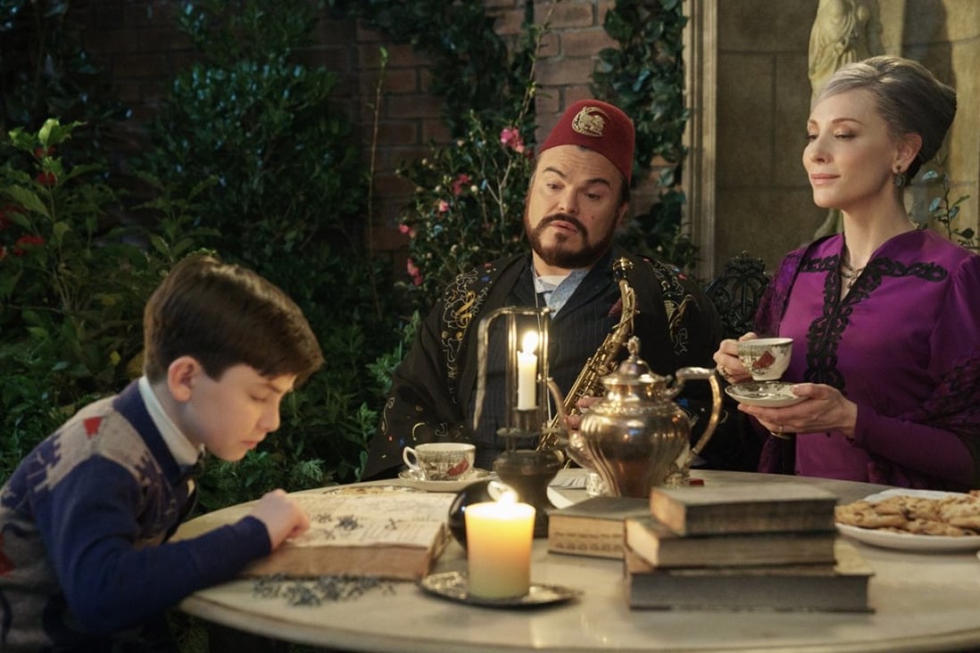 From left: Owen Vaccaro, Jack Black and Cate Blanchett in a still from The House with a Clock in Its Walls (category IIA), directed by Eli Roth.