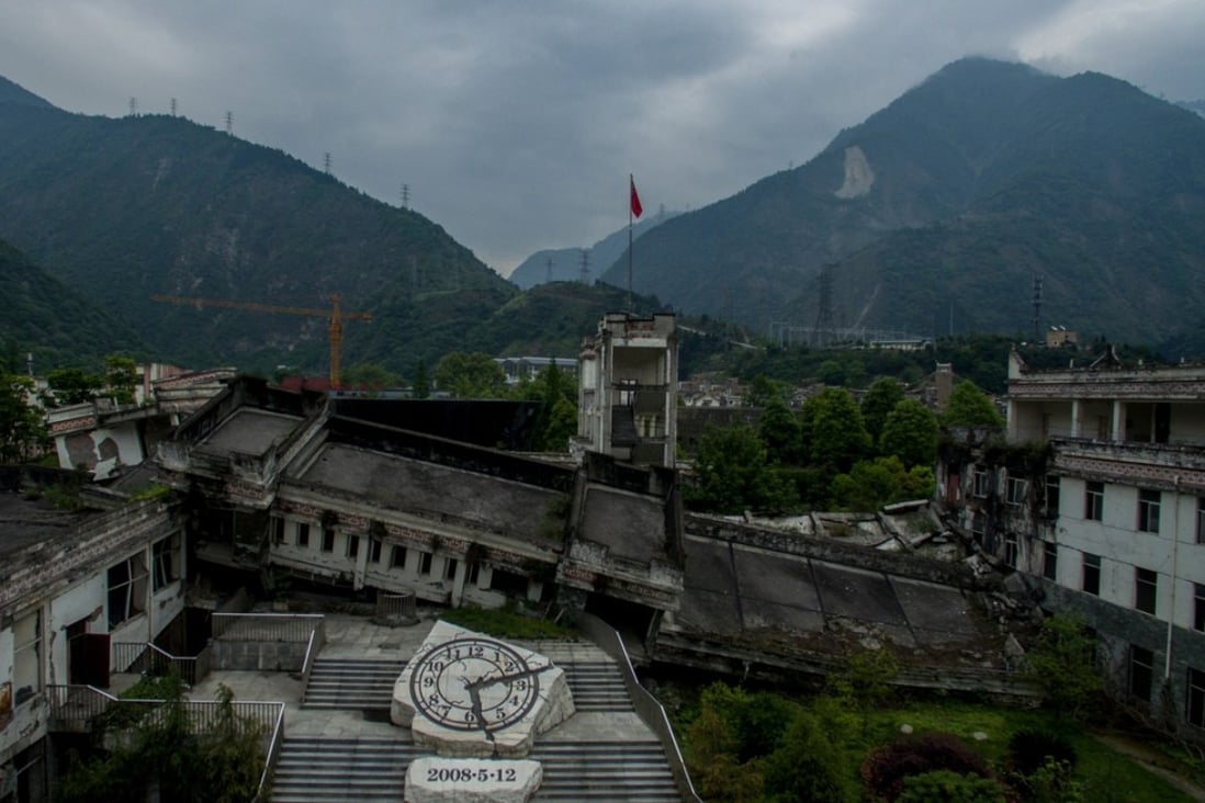 This picture taken on April 21, 2018 shows the destroyed Xuankou Middle School, the memorial site for the 2008 Sichuan earthquake, in Yingxiu near Beichuan in Sichuan province. The city of Beichuan has been kept frozen in time since May 12, 2008, when a 8.0-magnitude earthquake killed 80,000 people across Sichuan province. Photo: AFP