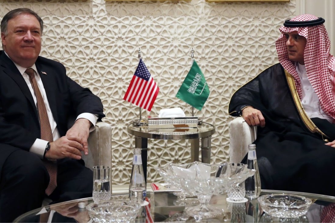 US Secretary of State Mike Pompeo meets Saudi Foreign Minister Adel al-Jubeir in Riyadh on Tuesday over the disappearance and alleged slaying of Jamal Khashoggi. Photo: AP