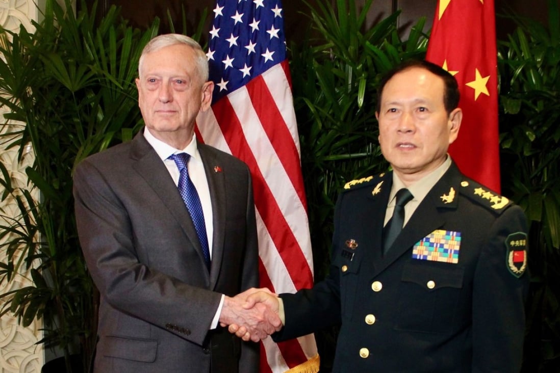 US Defence Secretary James Mattis (left) met his Chinese counterpart General Wei Fenghe on the sidelines of the Asean summit in Singapore Photo: AFP
