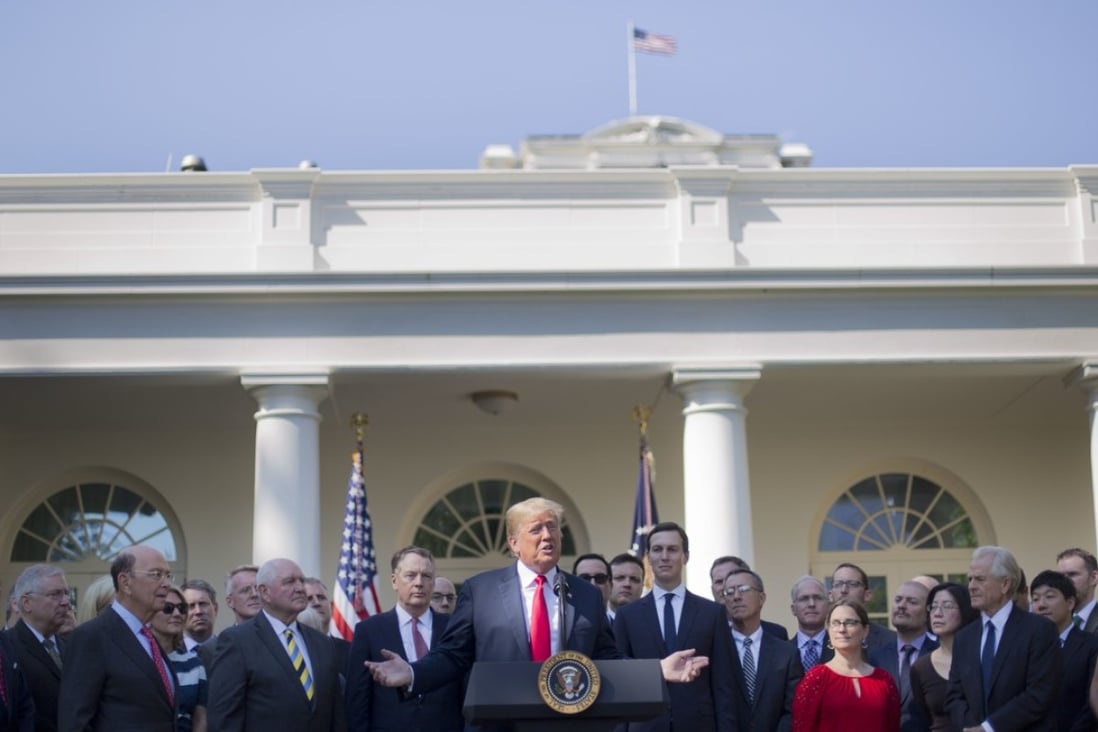 US President Donald Trump announces a revamped North American free-trade deal, the USMCA, outside the White House. Photo: AP