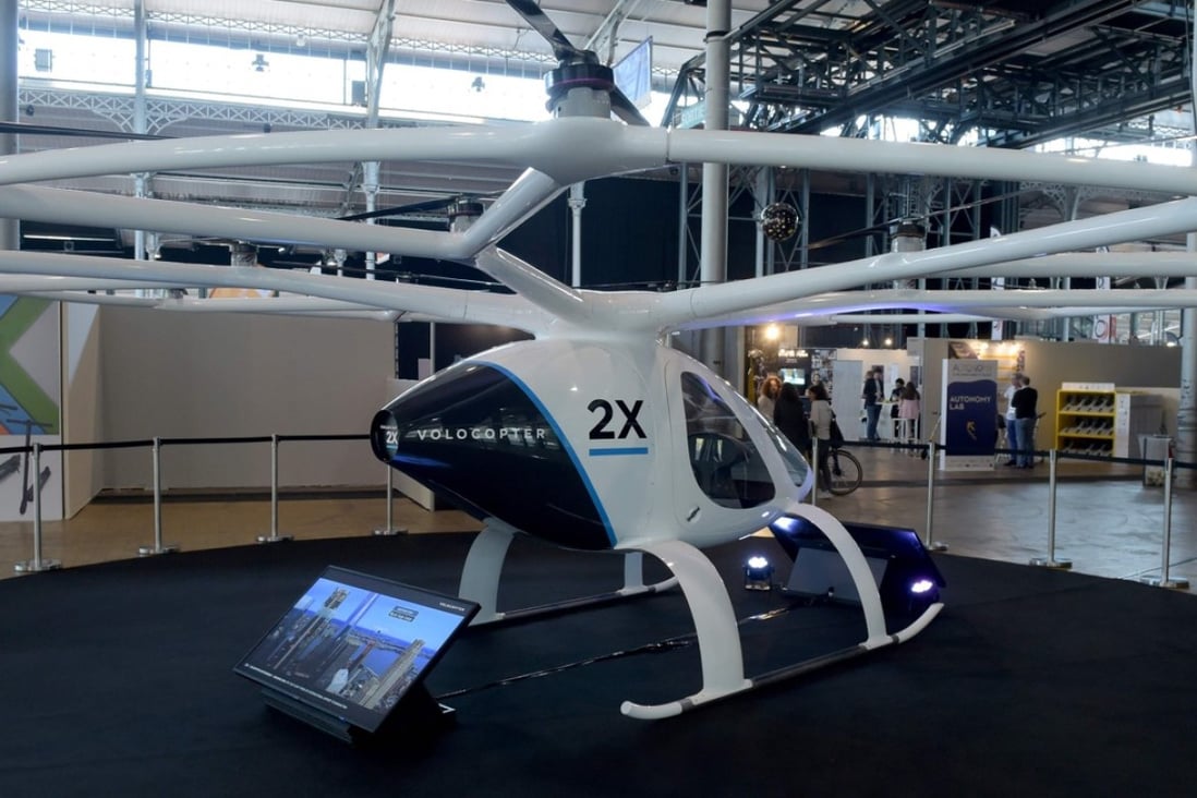 Volocopter’s electric air taxis take off and land vertically. They are based on drone technology and can fly two people for around 30km. Photo: AFP
