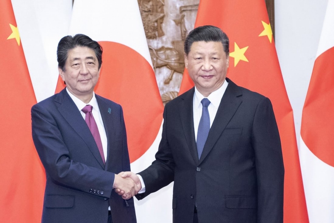 Chinese President Xi Jinping (right) shakes hands with visiting Japanese Prime Minister Shinzo Abe in Beijing on Friday. Photo: Xinhua