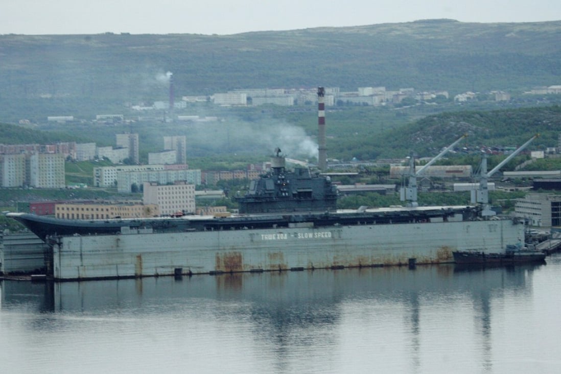 File photo of the Russian aircraft carrier Admiral Kuznetsov in a floating dock in the town of Roslyakovo near Murmansk, Russia. Photo: Reuters