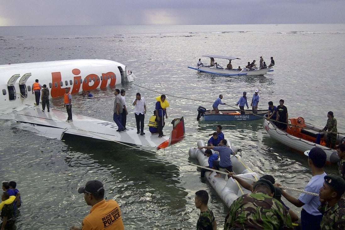 Indonesia's National Rescue Team at the crash site of a Lion Air plane in Bali, in 2013. The plane carrying more than 100 passengers and crew overshot a runway and crashed into the sea, injuring nearly two dozen people. Photo: AP