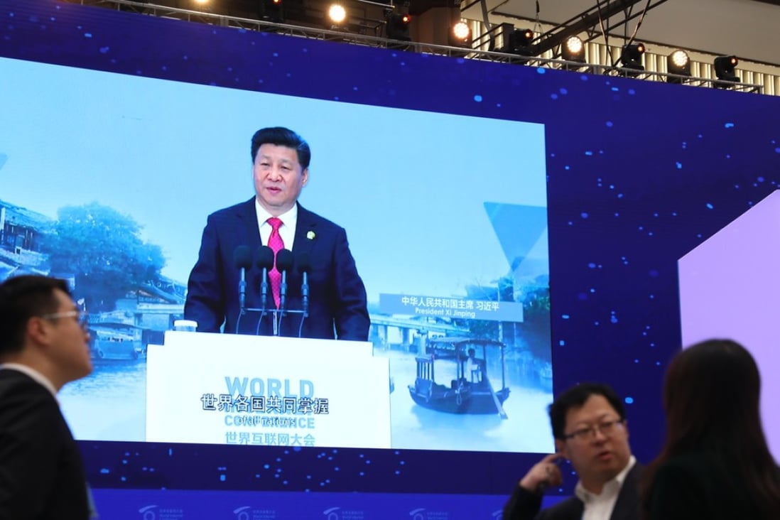 Xi Jinping’s 2015 speech is shown on a screen at this year’s conference in Wuzhen, but none of the Politburo Standing Committee will attend – a first in the event’s five-year history. Photo: Simon Song