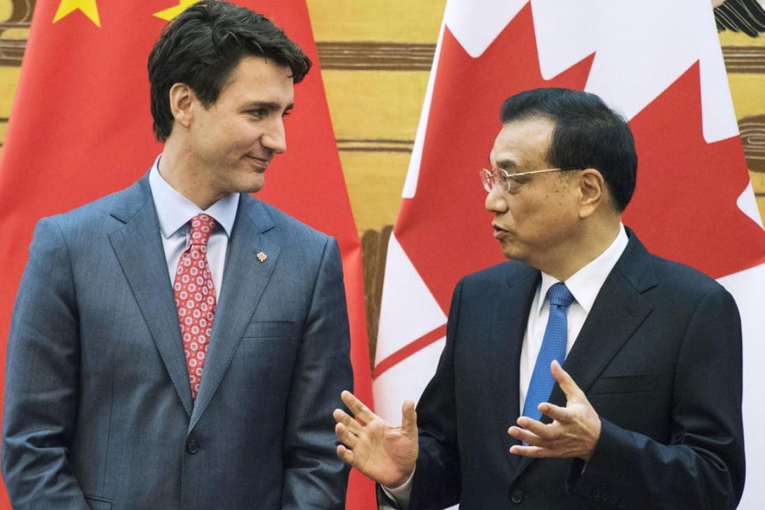 Chinese Premier Li Keqiang (right) and Canadian Prime Minister Justin Trudeau discussed the expansion of trade ties between the two nations. Photo: Kyodo