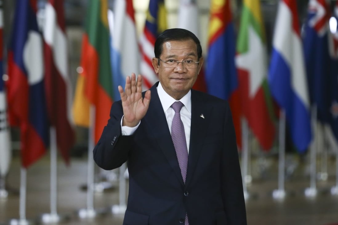 Cambodian Prime Minister Samdech Techo Hun Sen arrives for the 12th Asia-Europe Meeting Summit in Brussels. He said on social media there would be no Chinese naval base on Cambodian soil after receiving a letter from US Vice-President Mike Pence. Photo: Xinhua
