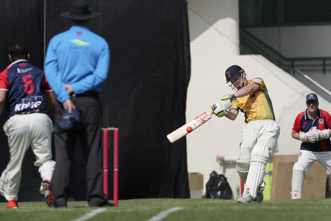 Australian batsman David Jacquier hits the ball over the top of midwicket during his side’s game against England in the Commonwealth Cup. Photo: Edward Wong