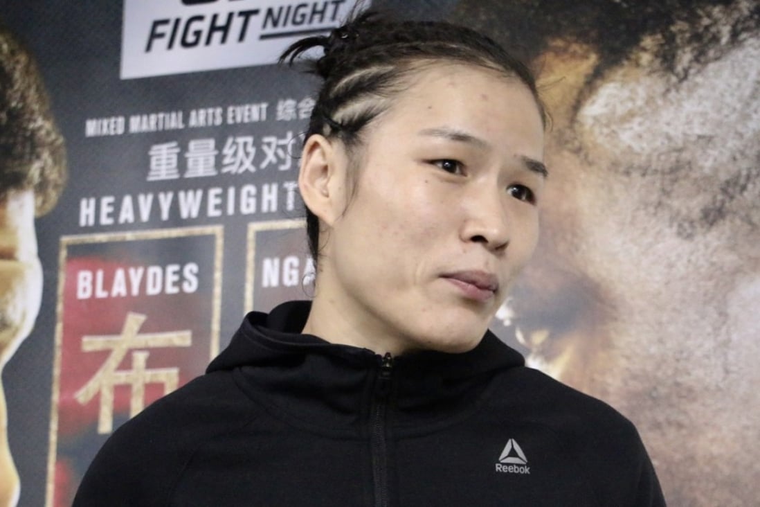 Zhang Weili speaks to the media after her fight. Photo: The Fight Nation