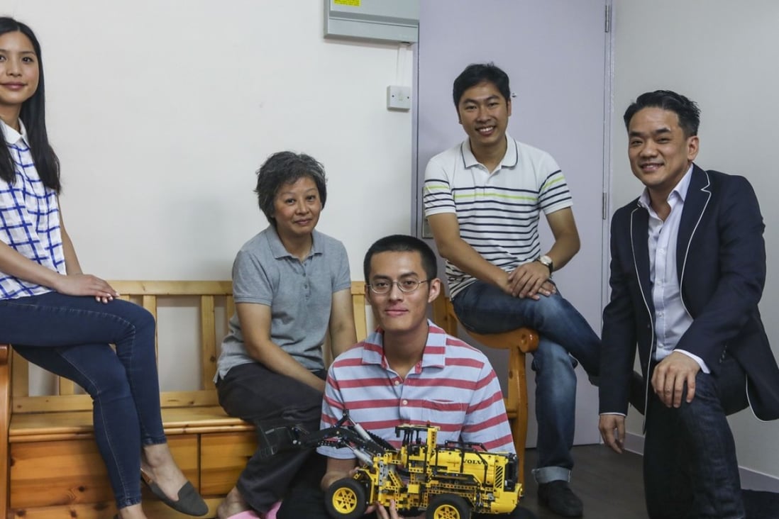 From left to right, Vivien Siu, SCMP Serve volunteer team leader; Wong Wun-yui, beneficiary; Tim Tam, beneficiary and Wong Wun-yui’s son; Richard Chow, project manager of Project Family Cupid; and Edward Man, founder of ChickenSoup Foundation, photographed at Tim Tam’s home in To Kwa Wan. Photo: Xiaomei Chen