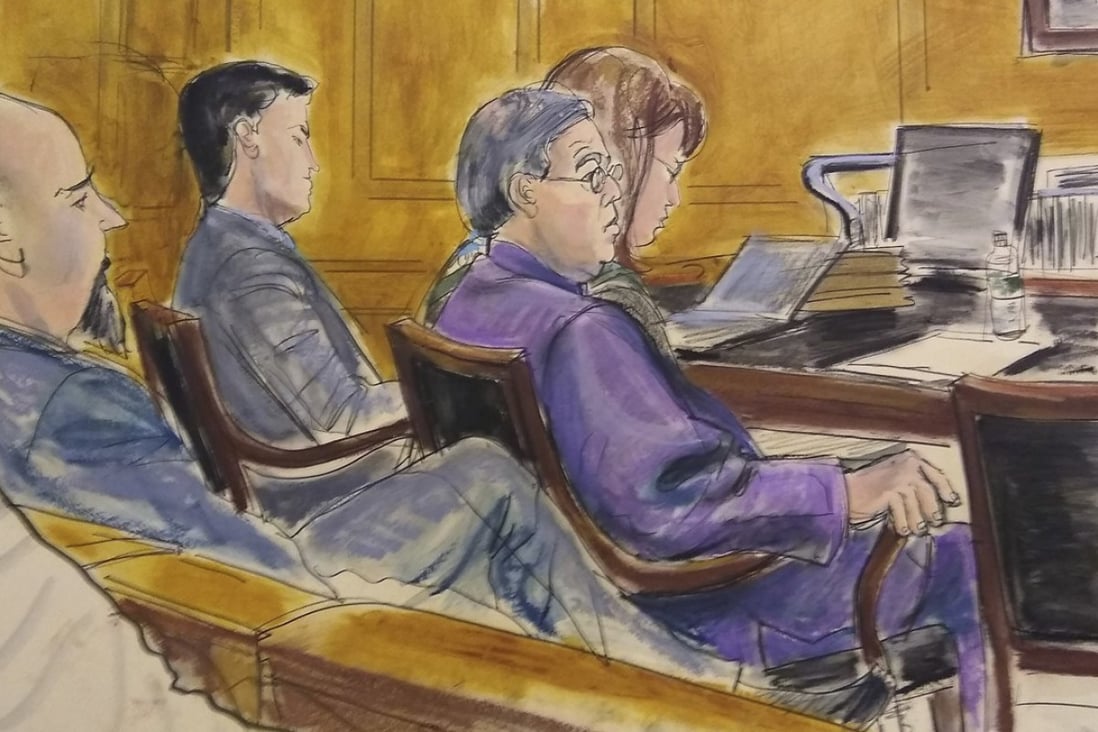 A courtroom sketch showing Patrick Ho (right) seated at the defence table during jury selection. Illustration: AP