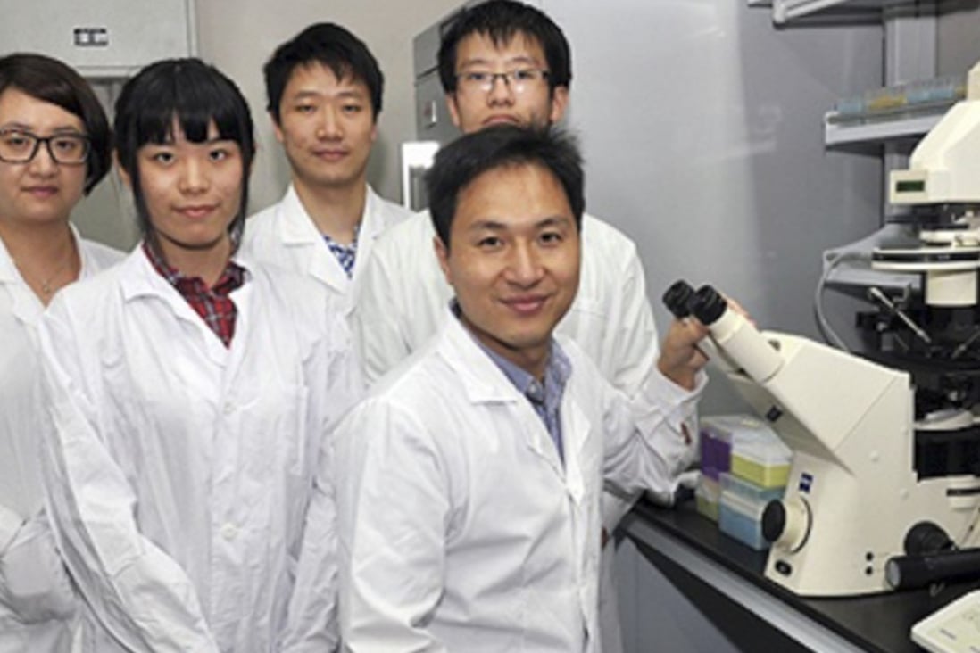 Controversial gene editing scientist He Jiankui (seated) in the lab at China’s Southern University of Science and Technology at Shenzhen. He is currently on sabbatical from his research position at the university. Photo: Handout