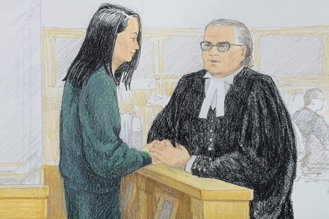 Huawei executive Sabrina Meng is shown with lawyer David Martin in a Vancouver courtroom sketch by Jane Wolsak. Illustration: AFP