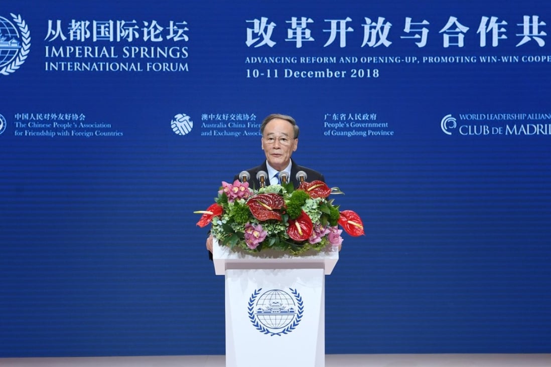 China’s Vice-President Wang Qishan addressed the Imperial Springs International Forum in Guangzhou. Photos: Xinhau