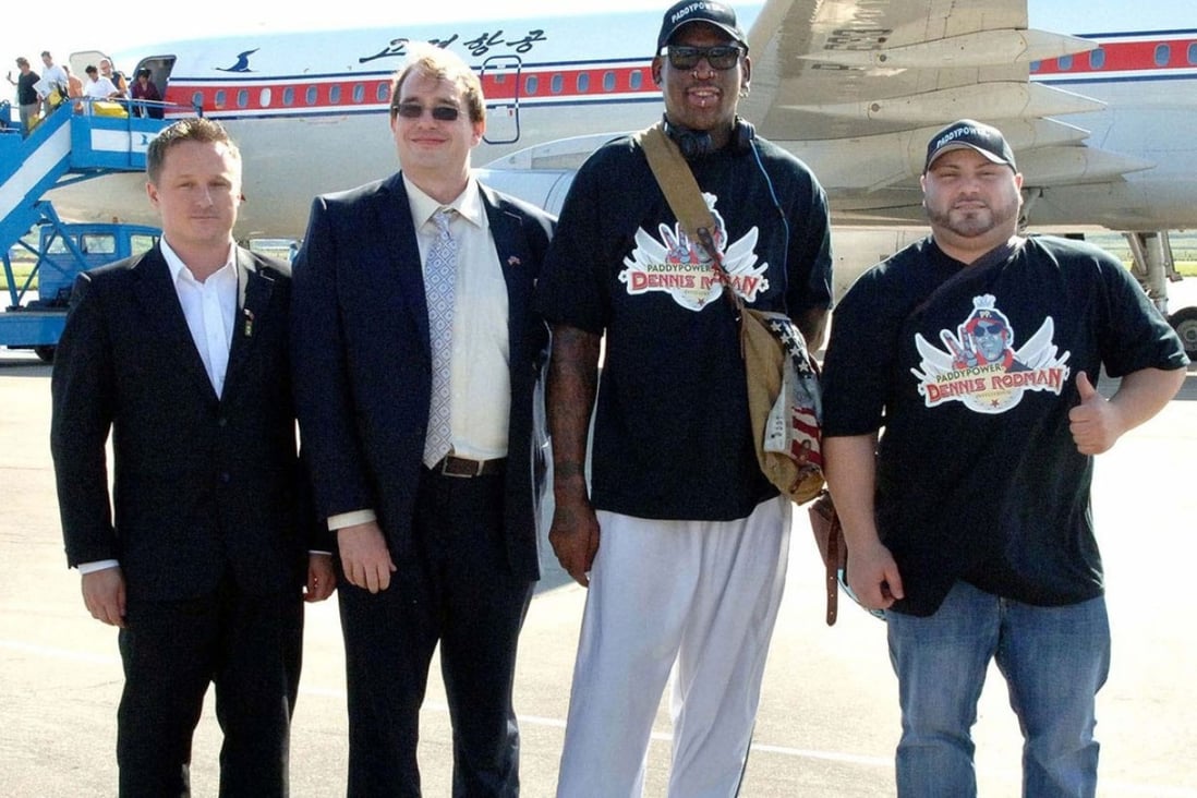 On September 3, 2013, Canadian Michael Spavor (left) was a member of a party that accompanied former National Basketball Association star Dennis Rodman of the US (second right) to Pyongyang, North Korea, and Spavor acted as a translator for the star at meetings with officials including leader Kim Jong-un. Photo: AFP