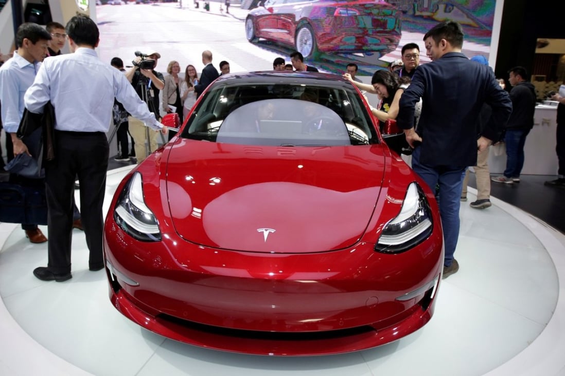 A Tesla Model 3 car is displayed during a media preview at the Auto China 2018 motor show in Beijing on April 25. Photo: Reuters