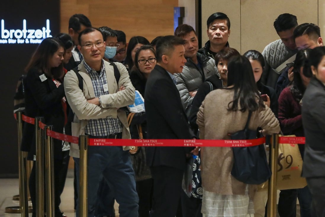 Buyers queue outside Sino Land’s sales centre at Empire Centre in Tsim Sha Tsui. The company on Tuesday had put 383 flats on sale at its Grand Central project in Kwun Tong. Photo: Nora Tam