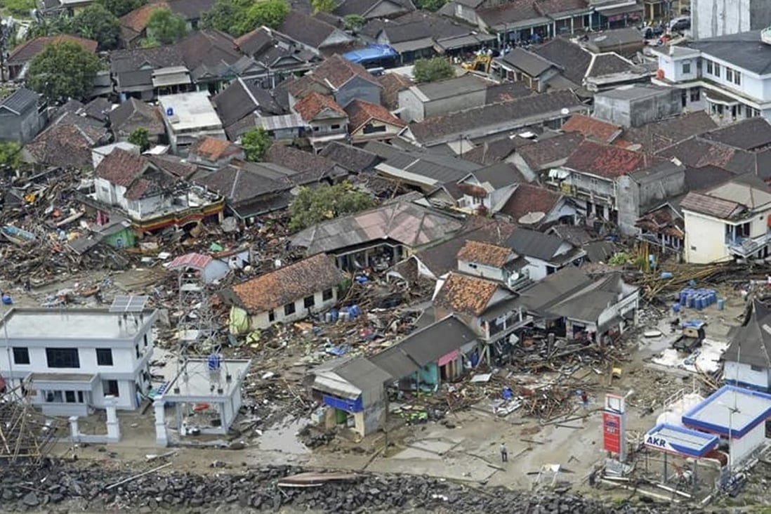 Demolished homes seen from a rescue helicopter after the tsunami hit Banten in Indonesia. Photo: EPA