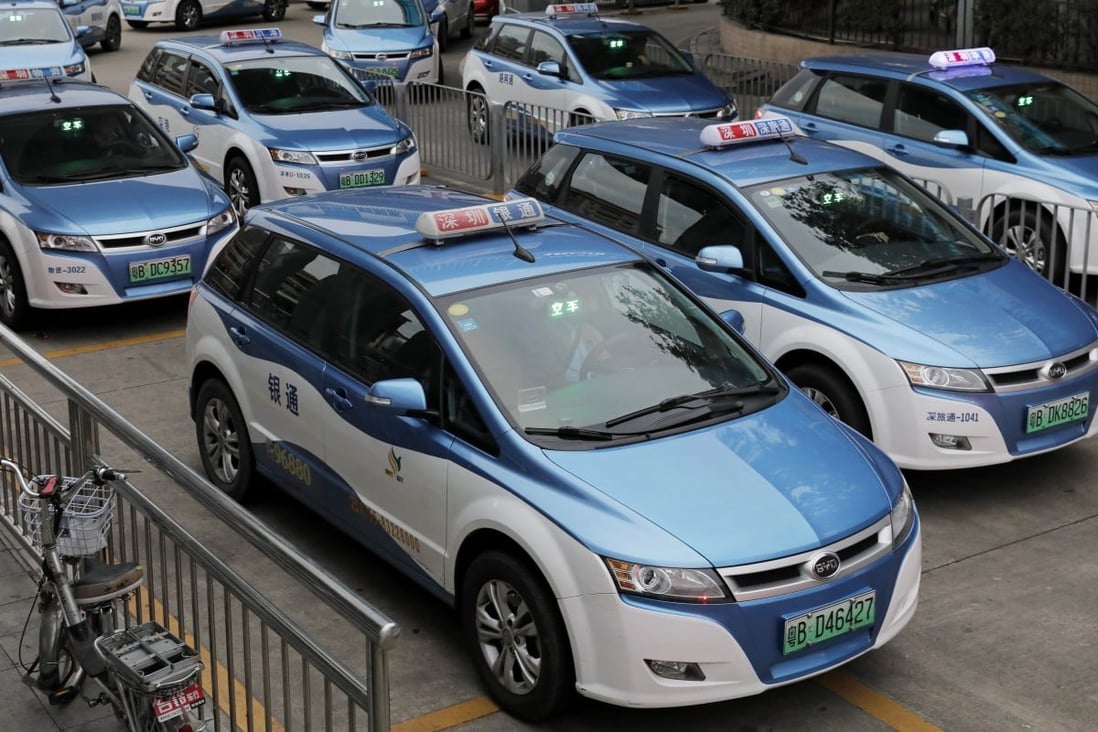 A fleet of electric-powered taxis on the streets of Shenzhen this week. Photo: AP