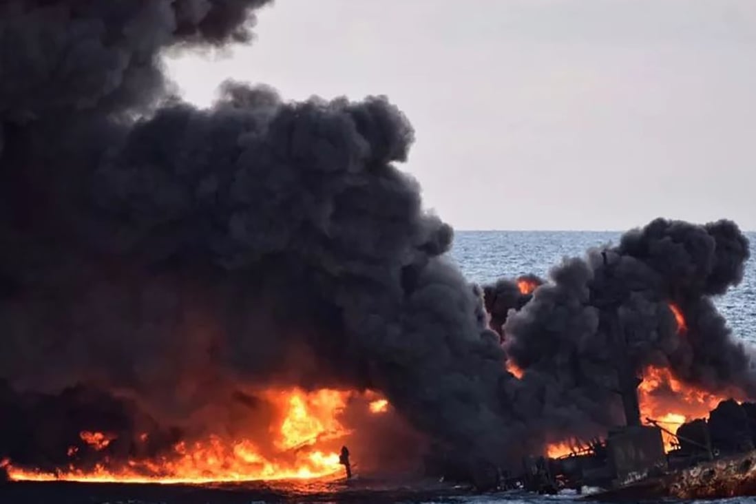 The Iranian oil tanker, Sanchi, in flames in the East China Sea in January 2018. Photo: AFP