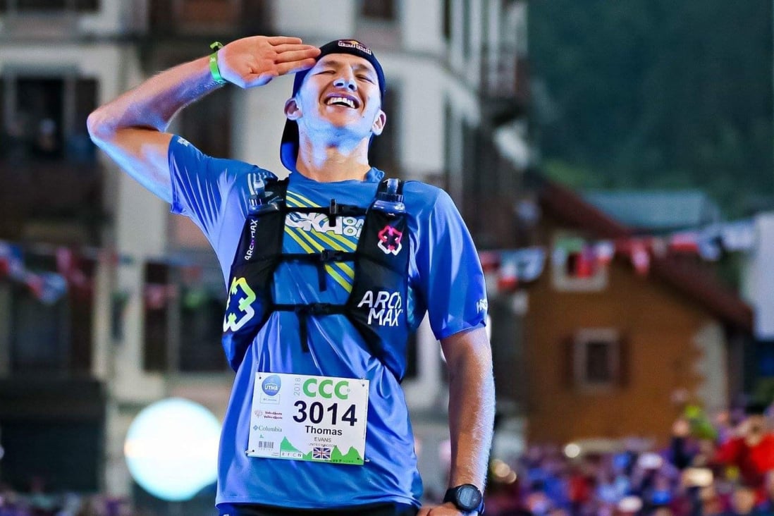 Tom Evans, a British army officer, crosses the finish line in first place at the CCC. Evans beat last year’s HK100 winner Qi Min by overtaking him in the last 6 kilometres. Photo: UTMB