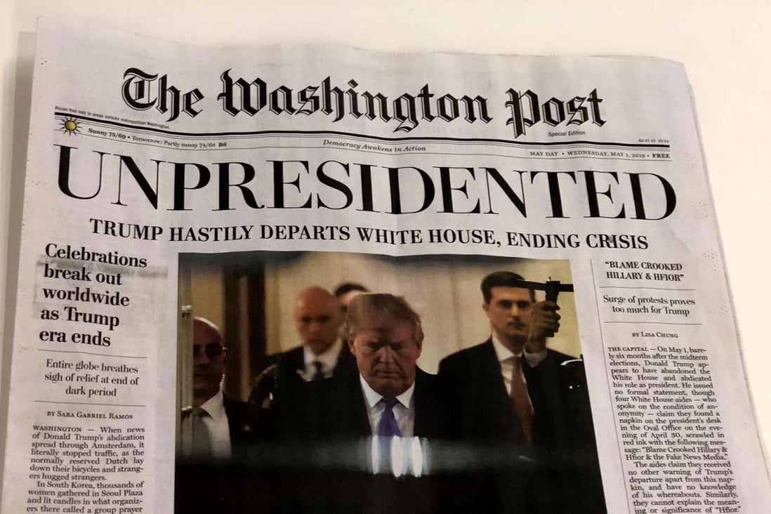 A fake edition of The Washington Post, which depicts US President Donald Trump leaving office, was distributed Wednesday morning on the streets of Washington. Photo: The Washington Post