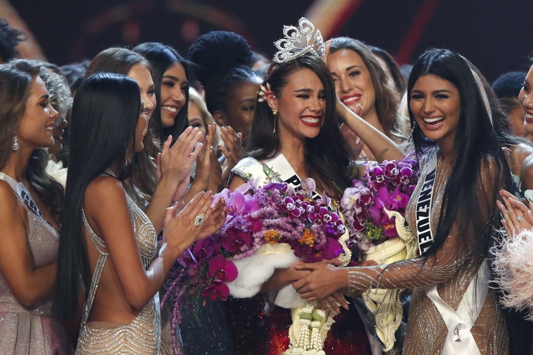 The new Miss Universe 2018 Catriona Gray (C) from Philippines is congratulated by second runner-up Miss Venezuela Sthefany Gutierrez (R) and other contestants during the Miss Universe 2018 at Impact Arena in Bangkok, Thailand – but social media in the Philippines erupted in controversy over how ‘authentic’ her ethnic background was in representing her country. Photo: EPA