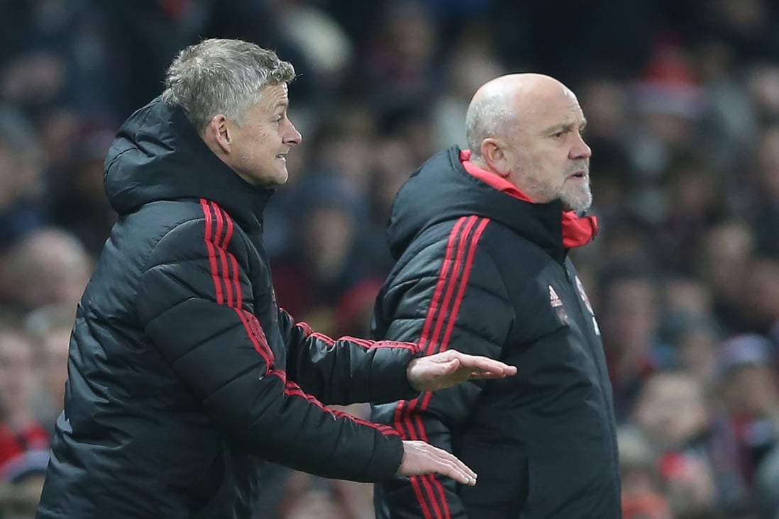 Manchester United’s Ole Gunnar Solskjaer (left) and Mike Phelan in the technical area in the game against Brighton. Photo: EPA