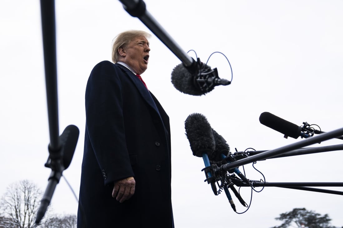 US President Donald Trump talks to reporters on the South Lawn of the White House on January 14. With the 2020 US presidential election looming, the Trump team won’t welcome an idea taking root that it is the US electorate and US firms that are actually footing the tariff bill in the trade war. Photo: Washington Post