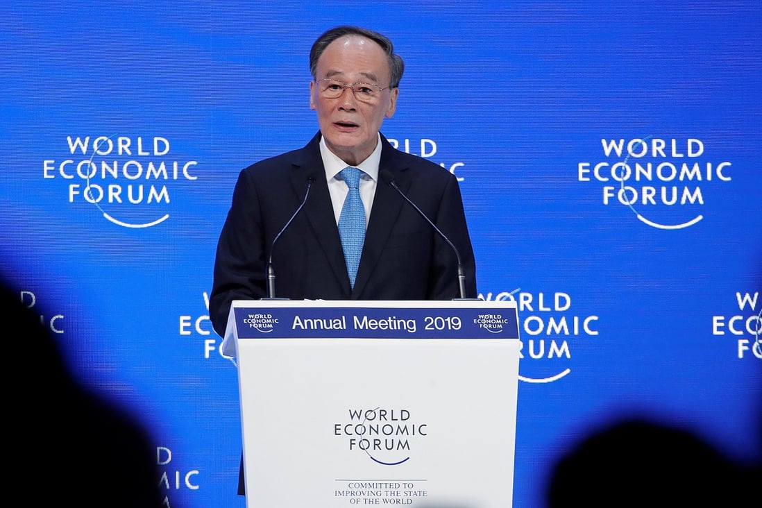 Chinese Vice-President Wang Qishan addresses the World Economic Forum in Davos, Switzerland, on Wednesday. Photo: Reuters