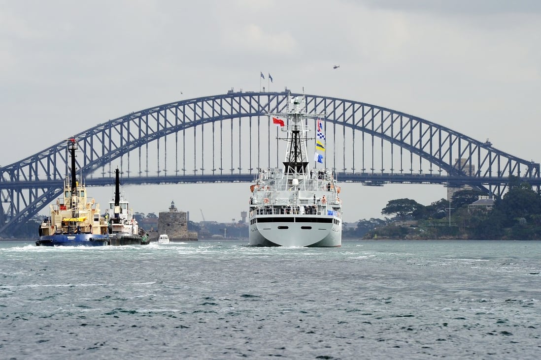 The PLA Navy training ship Zhenghe arrives in Sydney Harbour, Australia. Photo: AFP