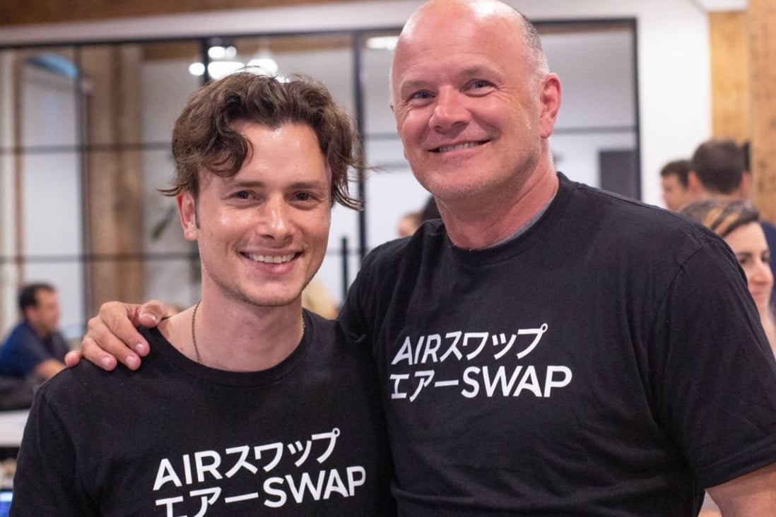 Michael Novogratz (right) – founder of the cryptocurrency bank Digital Galaxy, which is raising at least US$250 million for a credit fund to offer loans to cryptocurrency firms – with Michael Oved, co-founder of AirSwap, a peer-to-peer trading network. Photo: Twitter