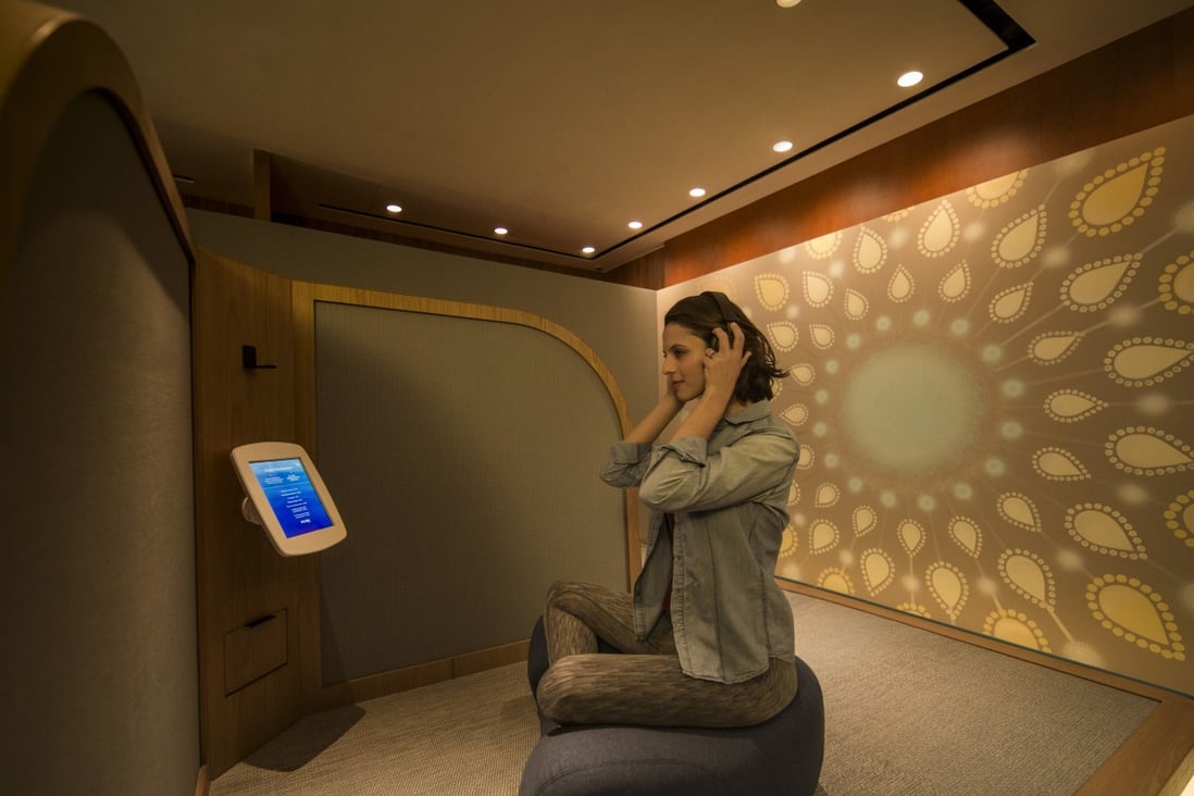 Cathay Pacific has opened The Sanctuary by Pure Yoga in its business class lounge at Hong Kong International Airport, which features two zones – The Body Sanctuary, focused on yoga, and The Mind Sanctuary (above), where the emphasis is on meditation. Photo: Cathay Pacific