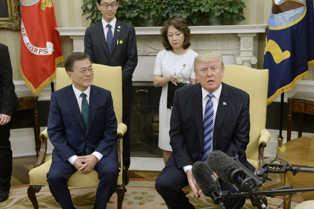 President Donald Trump meets with South Korean President Moon Jae-in. Photo: Tribune News Service