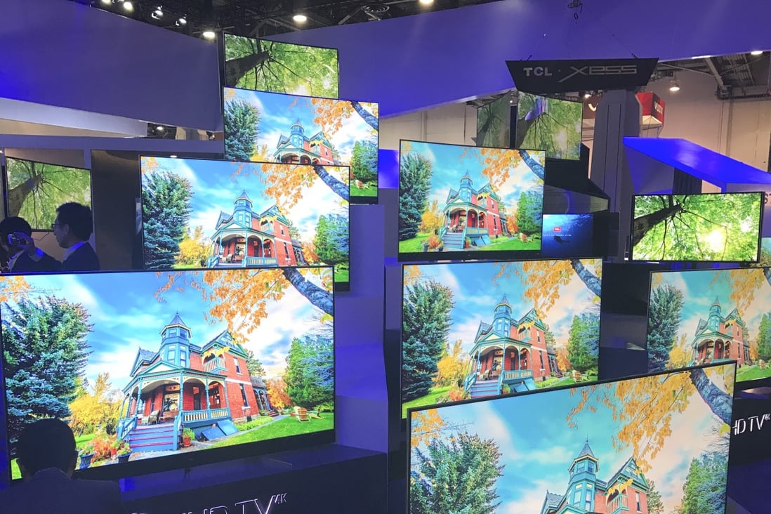 Advanced 4K television sets are displayed at the booth of Chinese company TCL during the annual CES trade show in Las Vegas in 2017. Photo: Handout