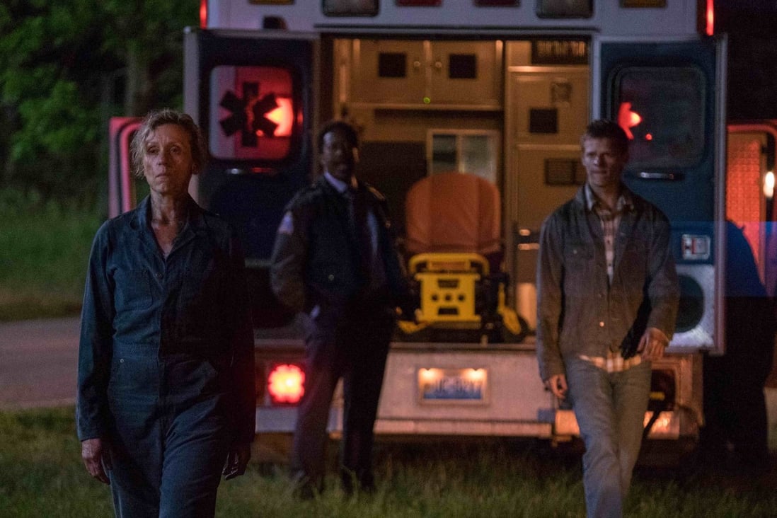Frances McDormand (left) and Lucas Hedges (right) in a still from Three Billboards Outside Ebbing, Missouri.
