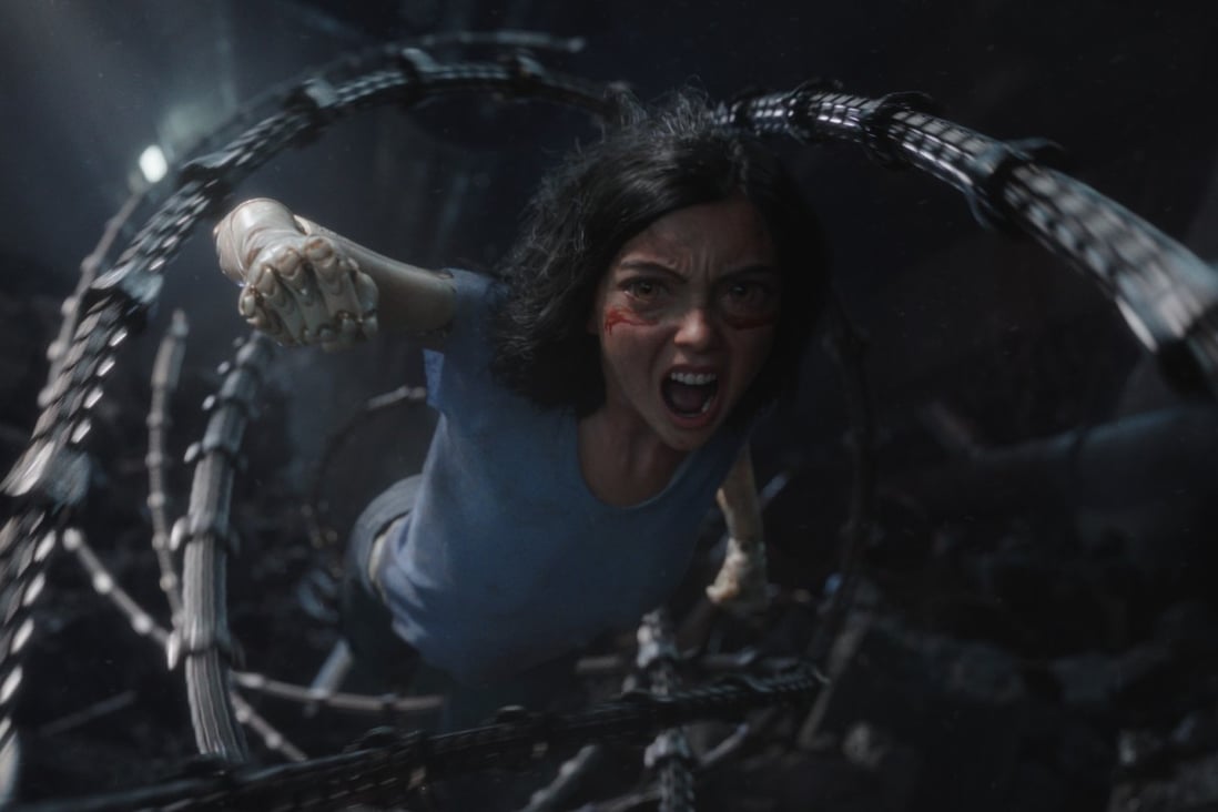 The title character, portrayed by Rosa Salazar via performance capture, in a still from Alita: Battle Angel (category IIA), directed by Robert Rodriguez. Christoph Waltz co-stars.