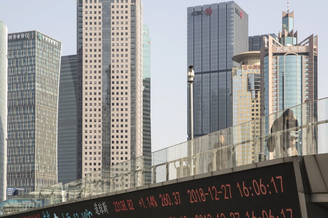 An elevated walkway displays stock prices in Shanghai’s financial district. Photo: Bloomberg