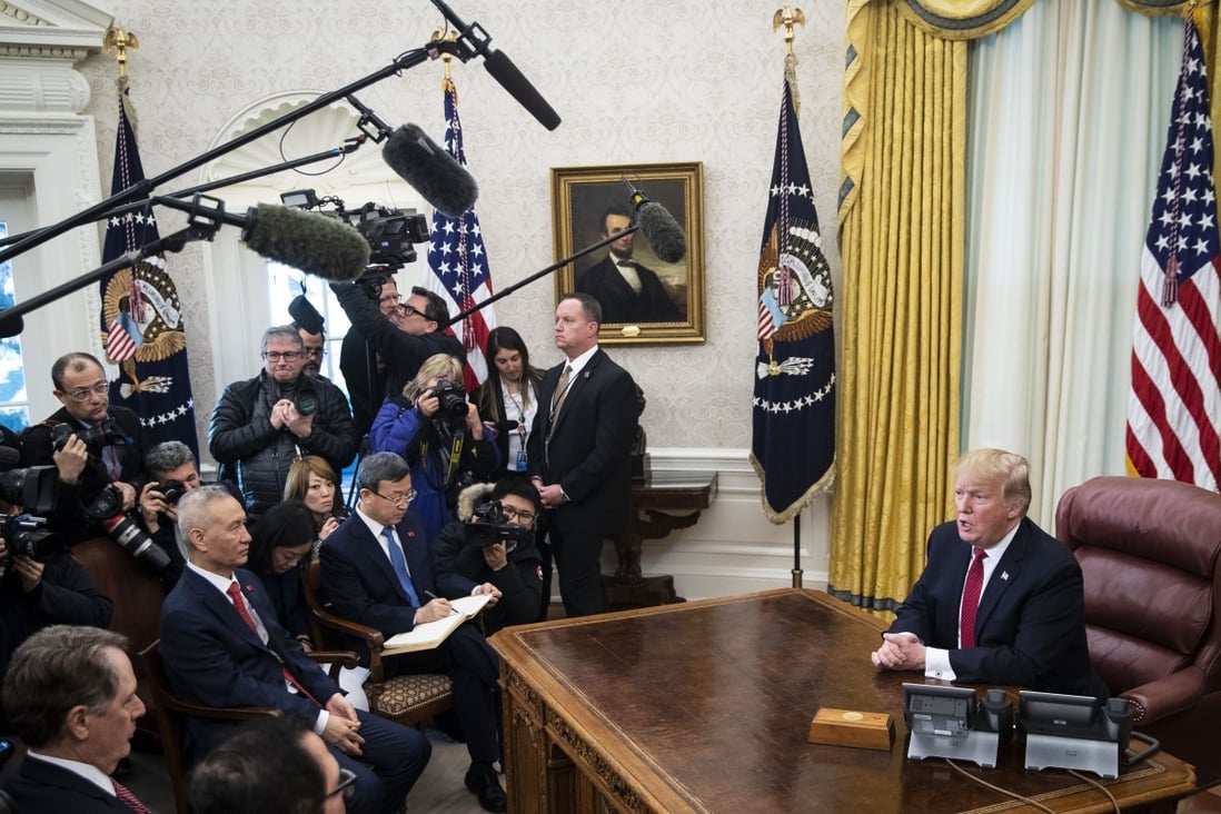 Liu He (centre-left), who led China’s delegation, listens to President Donald Trump during the talks in the Oval Office on Thursday. Photo: Bloomberg