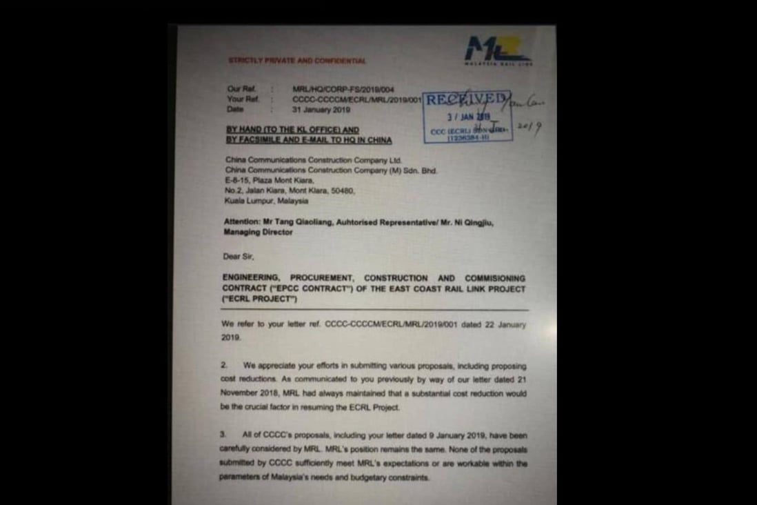 A screenshot of a letter, posted on the Facebook page of former premier Najib Razak, appears to indicate the Malaysian government had come to a final decision to cancel the ECRL project.